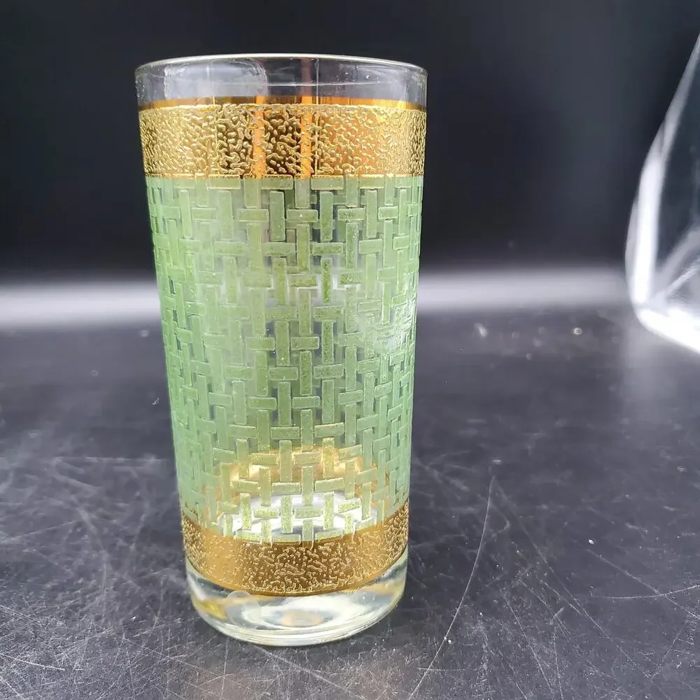 Set of 4 Vintage Gold Green Geometric Highball Tumblers Mid Century Glasses